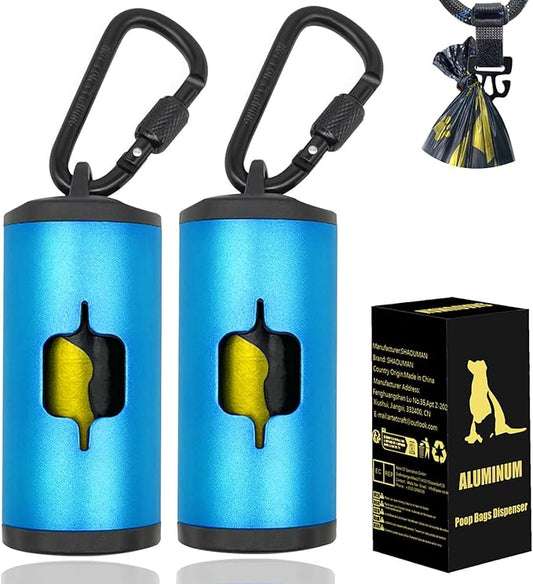 Metal Dog Poop Bag Holder 2-Pack w/Leash Clip|Durable Scratch-Resistant Aluminum|30 Bags+6 Accessories（Blue）