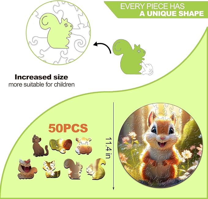 Wooden Puzzles for Kids Ages 4-8, Cute Squirrel Puzzle, Unique Animal Shaped Wooden Jigsaw Puzzles for Kid, 50 Pieces Puzzles for Kids(50pcs,11.4 * 11.4in)