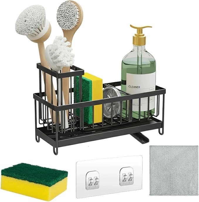 Sponge Holder for Kitchen Sink,5 in 1 Rustproof Stainless Steel Sink Caddy with Washing Cloth & Adhesive Hooks, Kitchen Sink Organizer with High Brush Holder and Soap Holder for Kitchen Sink