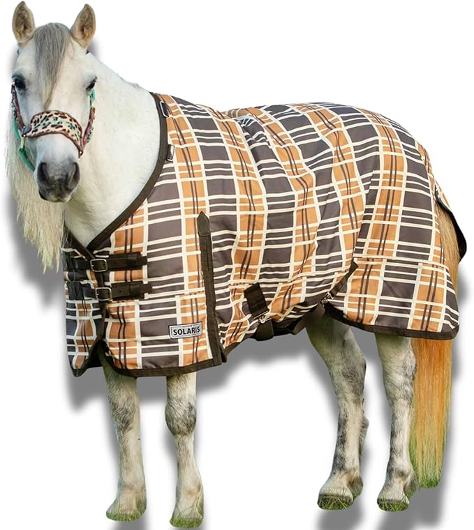 Jeffers Pony Poppins Solaris 1200 Denier Turnout Blanket Brown & Cream Plaid 54" - Waterproof, Breathable Horse Blanket with 0 gram Polyfill, No Insulation, Ideal Protection for Wind & Rain,