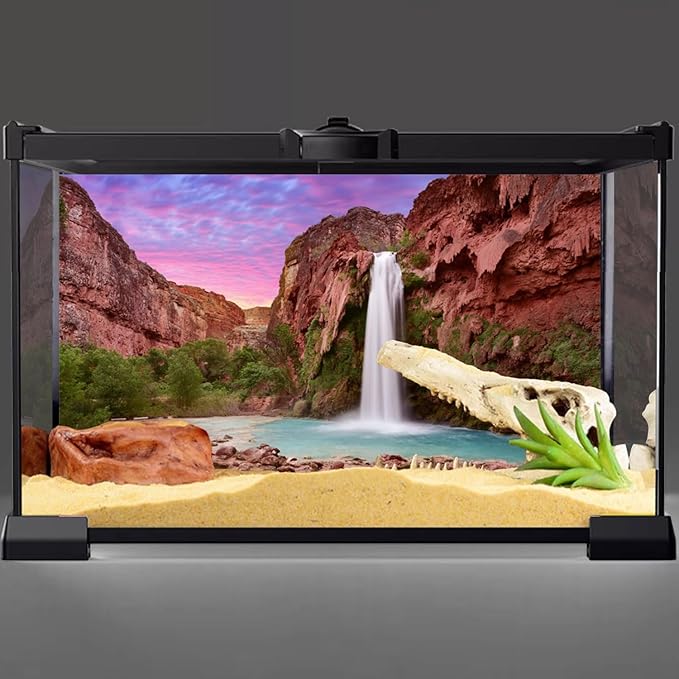 AWERT 72x18 inches Reptile Habitat Background Sunset Mountain Waterfall Terrarium Background Durable Polyester Background