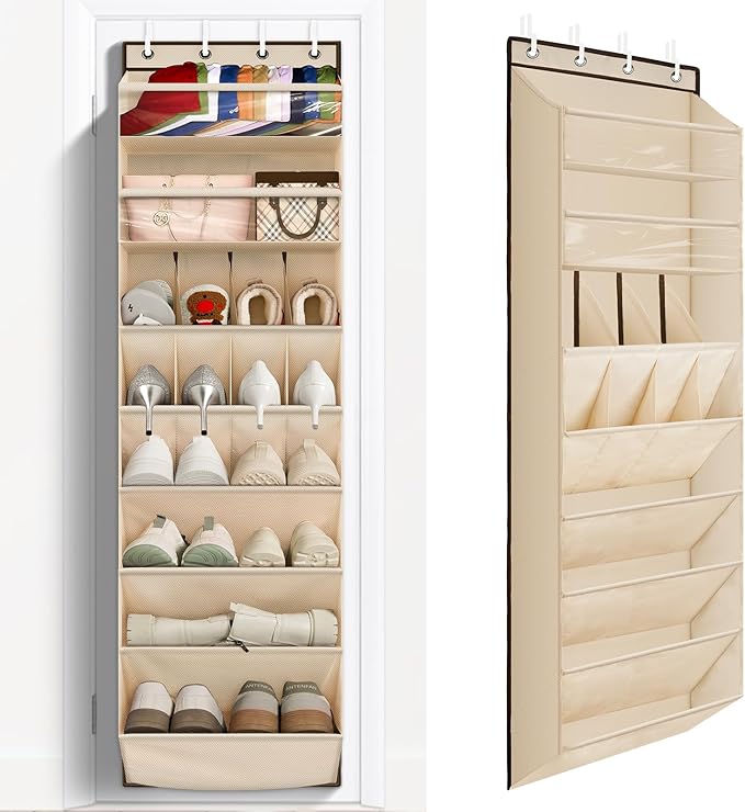 FENTEC 1 Pack Over The Door Shoe Organizer, 68" Exlarge Deep Pockets Hanging Shoe Organizers, 8-Tier Shoe Rack for Closet, Shoe Holder for Boots,Over Door Organizer in Home, RV, Dorm, Beige