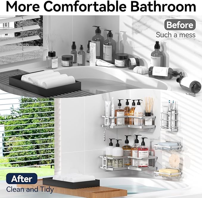 YASONIC Corner Shower Caddy Organizer, 5-Pack Self-Adhesive Rustproof Bath Shelves with Soap Holder & 4 Hooks, Large Capacity Shower Storage Rack for Bathroom Organization, Silver