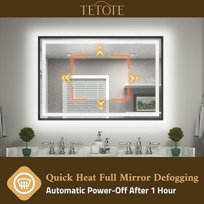 TETOTE 24 x 36 Bathroom LED Mirror Brushed Black Metal Frame Frontlit & Backlit Vanity Mirror Anti-Fog Stepless Dimmable 3 Colors White/Warm/Natural Mirror with Lights Wall-Mounted