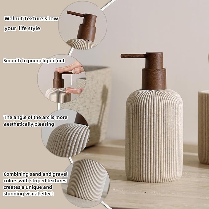 Bathroom Accessories Set, 5 PCS Sandstone Look Stripe Modern Bath Organizer with Soap Dispenser, Toothbrush Holder, Tumbler, Soap Dish, Candle Holder for Countertop Kitchen Sink (Beige)