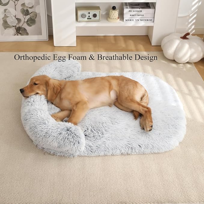 Calming Dog Bed - Fluffy Plush Mat with Removable Washable Cover | Furniture Protector for Large Dogs & Cats(Grey,47.24X29.53X5.91in)