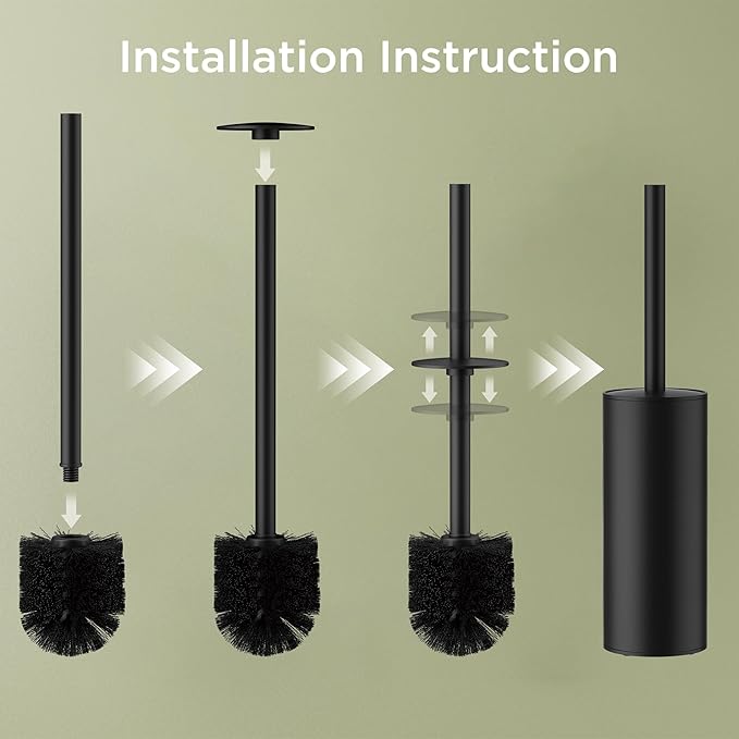 Toilet Brush and Holder Set, Toilet Bowl Brush with Heavy Duty 304 Stainless Steel Base and Extra Long Handle, Toilet Bowl Cleaners Brush for Bathroom (Matte Black)