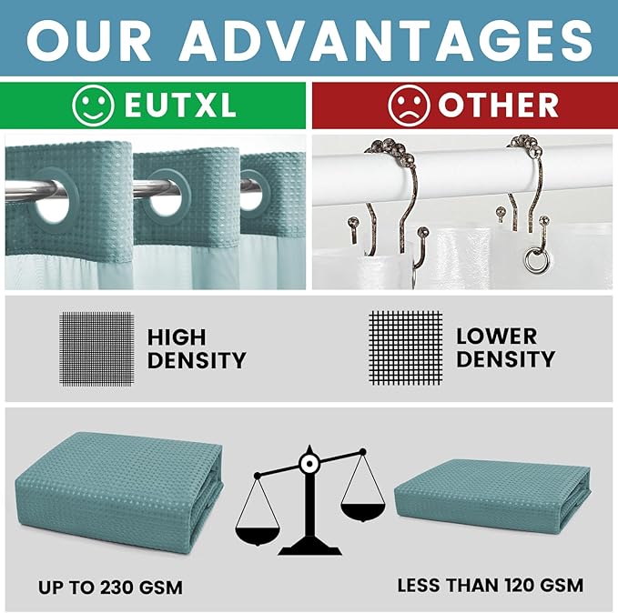 Teal Long No Hook Shower Curtain with Snap in Liner,230GSM Waffle Weave Shower Curtains for Bathroom,71W x 86H