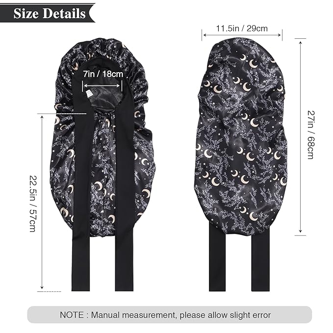 AWAYTR Long Satin Bonnet for Women - Double Layer Elastic Silk Bonnet for Braids Hair Sleeping Cap with Tie Band (Star and Moon+Black)