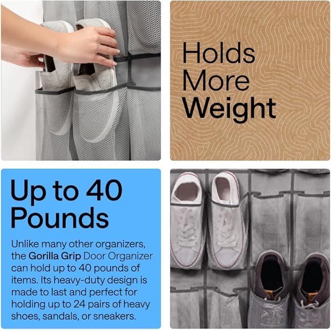 GORILLA GRIP Over the Door Shoe Organizer, 24 Large Breathable Mesh Pockets, Space Saving Hanging Storage Holder, Closet Rack Hanger Holds Up to 40 lbs, Hangs on Closets for Shoes, Accessories, Gray