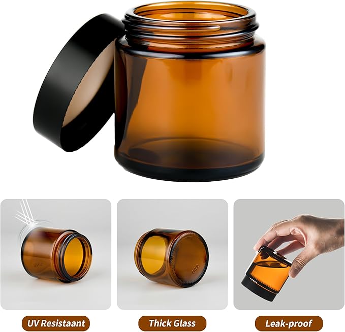 4 oz Reusable Amber Glass Container Jars 24 Pack with Wide-mouth Leak Proof Cap and Inner Pull-On Lid for Travel Storage Makeup, Face Creams, Body Lotions, DIY Crafts or Others
