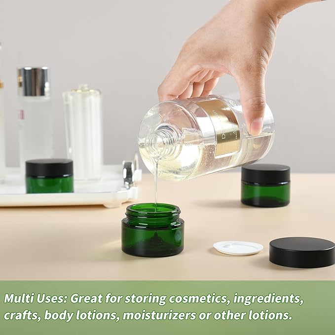 1 oz Reusable Green Glass Container Jars 24 Pack with Wide-mouth Leak Proof Cap and Inner Pull-On Lid for Travel Storage Makeup, Face Creams, Body Lotions, DIY Crafts or Others
