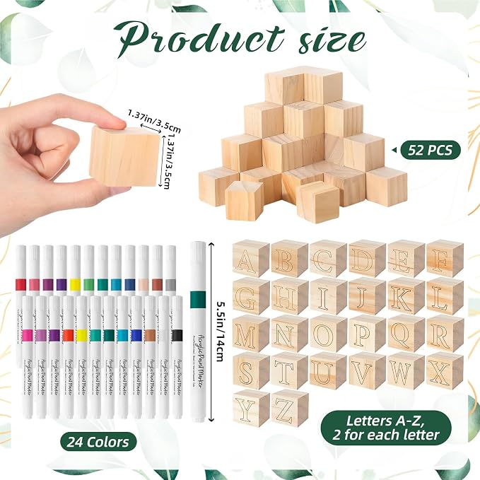 117 Pcs Baby Shower Blocks to Decorate Game Kit Includes 52 Wooden Blocks 24 Markers 1 Game Sign 40 Templates to Paint (Leaf)