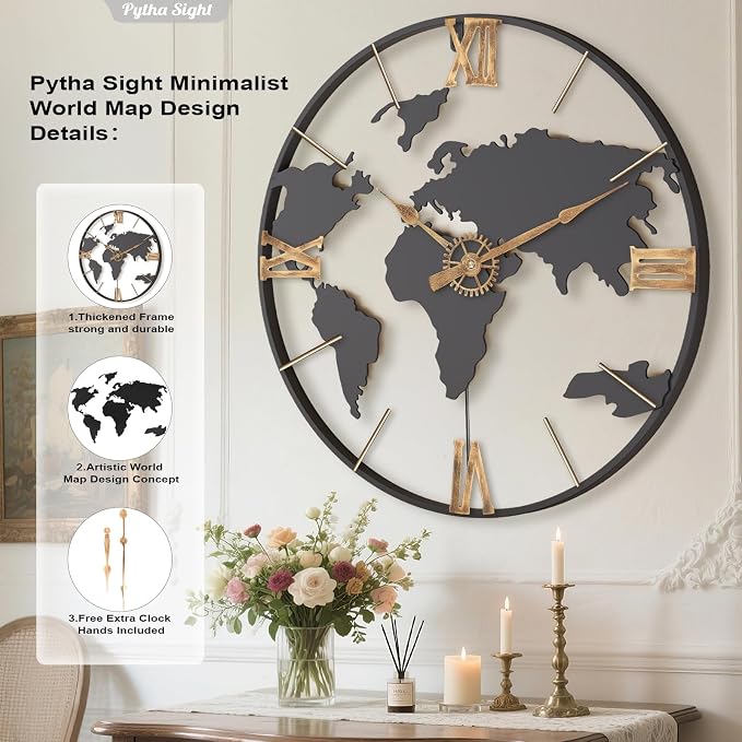 Pytha Sight 20 Inch Large Wall Clock, Modern Decorative Big World Map