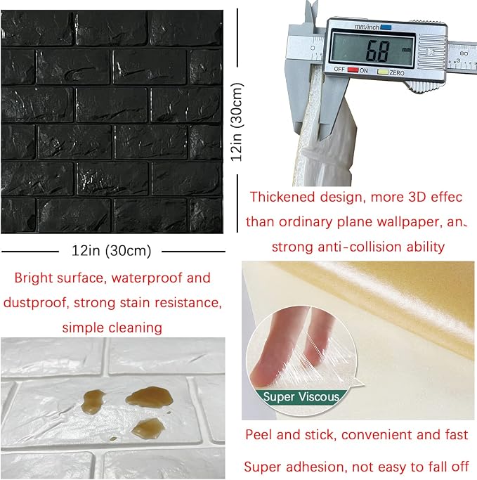 YU LI 3DH 3D Wall Panels Peel and Stick 30PCS Black Foam Brick Wallpaper