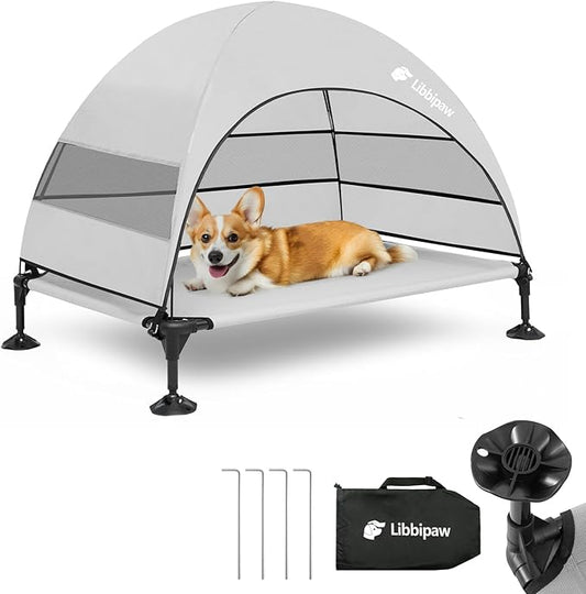 Windproof Elevated Dog Bed with Canopy & Stakes, 3-Sided 90% UV Block, Chew-Proof Teslin Mesh Mat for Large Dogs up to 150lbs(Grey Large)