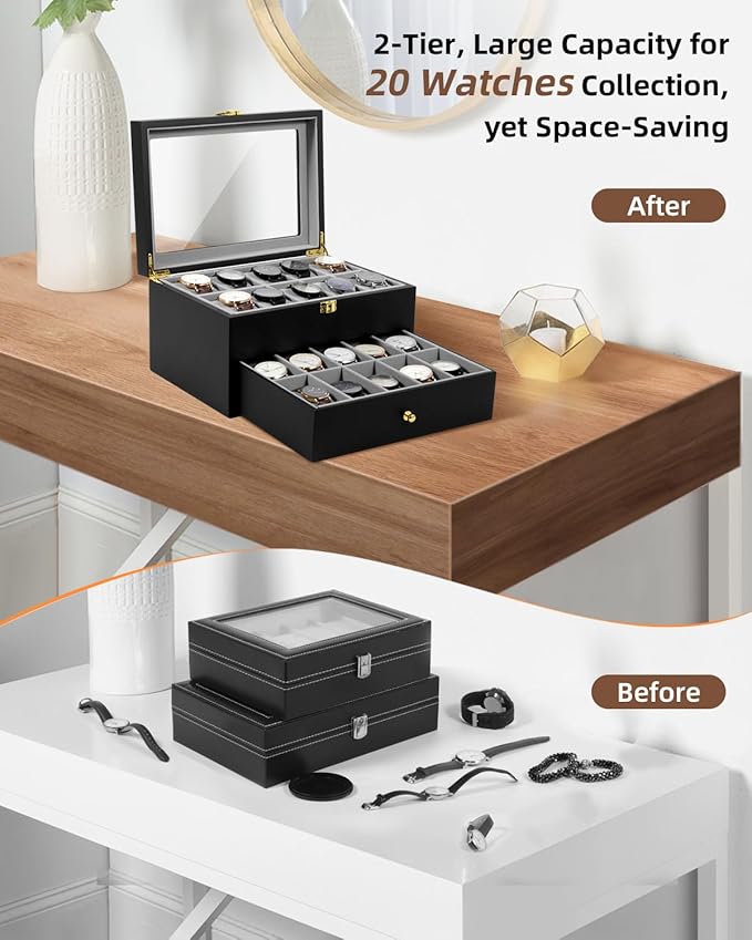 Uten 20 Wooden Watch Storage Box 2 Layers Organizer Collection Jewelry with Glass Lid