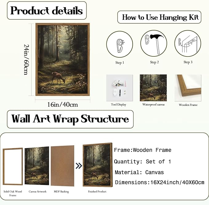 Framed Vintage Forest Deer Canvas Wall Art, Rustic Nature Landscape Paintings