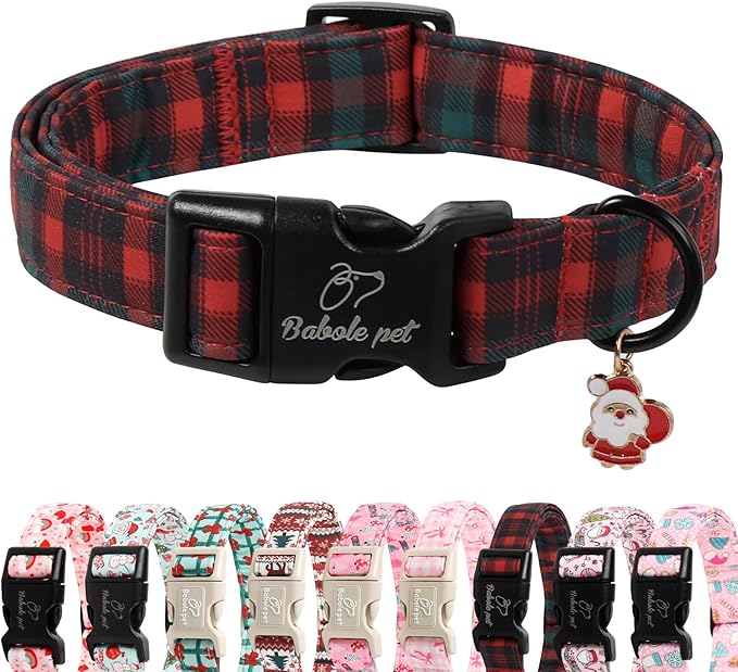 Christmas Dog Collar for Medium Dogs - Vintage Red Green Tartan Christmas Collars for Dogs, Soft Adjustable Winter Holiday Dog Collars with Quick Release Buckle M