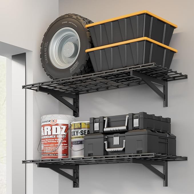 Jusgym 2 Pack Heavy Duty Garage Wall Shelving Set, Wall Mounted Garage Shelves