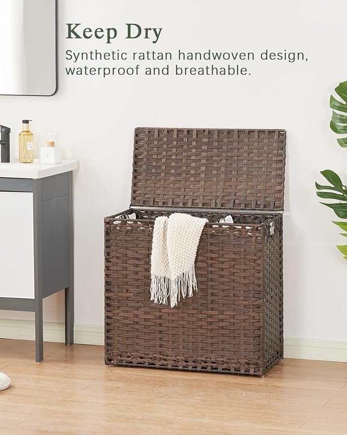 Laundry Hamper with Lid Laundry Basket 132 L (35 Gal) Wicker Clothes Hamper, Handwoven Rattan Hamper with Handles and 4 Removable Liner Bags, 6 Mesh Bags for Laundry Bedroom Brown