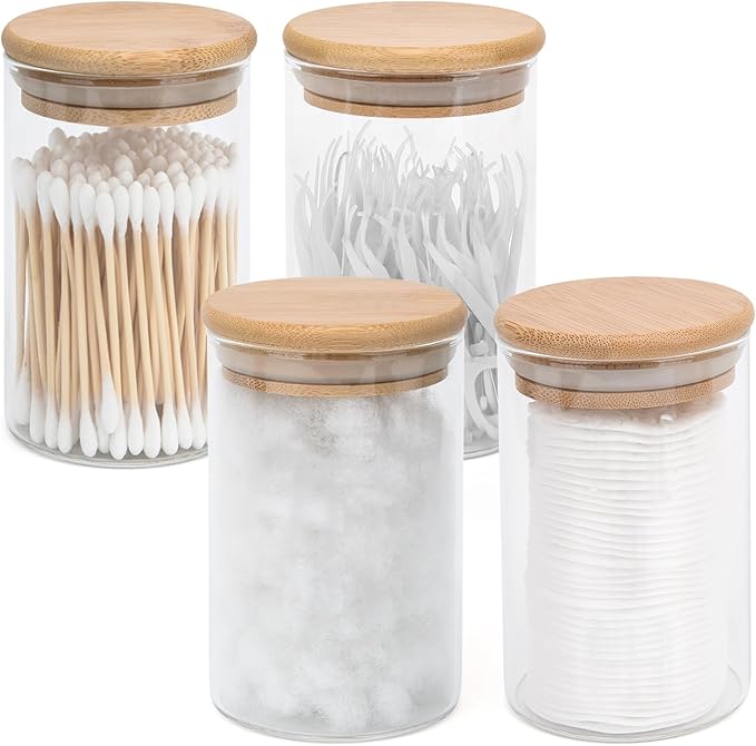 4 Pack Glass Qtip Holder Dispenser Set - Apothecary Jars with Lids for Vanity Makeup Organizer - Bathroom Canister Storage Organizer for Cotton Ball, Swab, Round Pads,Floss