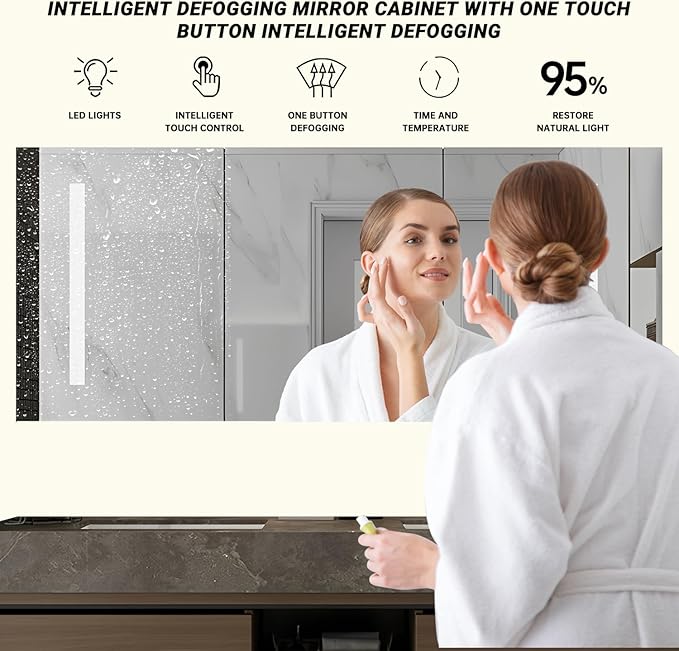 56IN Double Sink Bathroom Vanity, Floating Modern Bathroom Vanity Include Smart Defog Mirror Cabinet with LED Light, Solid Wood Vanities with Integrated Sink and Drawers Storage