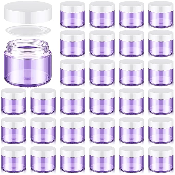 Domensi 32 Pcs 2 oz Glass Jars with Lids Travel Size Round Leakproof Empty Cosmetic Jars with Inner Liners Lid for Storing Makeup Lotions Face Cream Ointments Candle DIY Making (Light Purple)