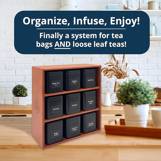 AllSpice Tea Organizer Rack with 9 Tins & 160 Magnetic Labels – Perfect for Bagged & Loose Leaf Tea Organization - Cherry