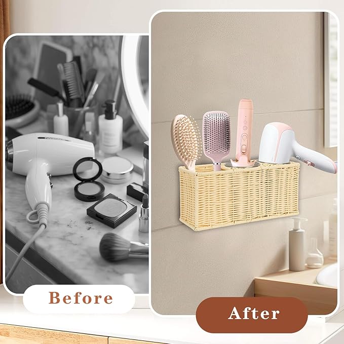 Hair Tool Organizer,Wall Mount Curling Iron Holder,Waterproof Wicker Hot Tools Organizer for Hair Dryer,Flat Irons,Curling Wands,Straighteners Storage,in Cabinet,Bathroom,Vanity (Nature)