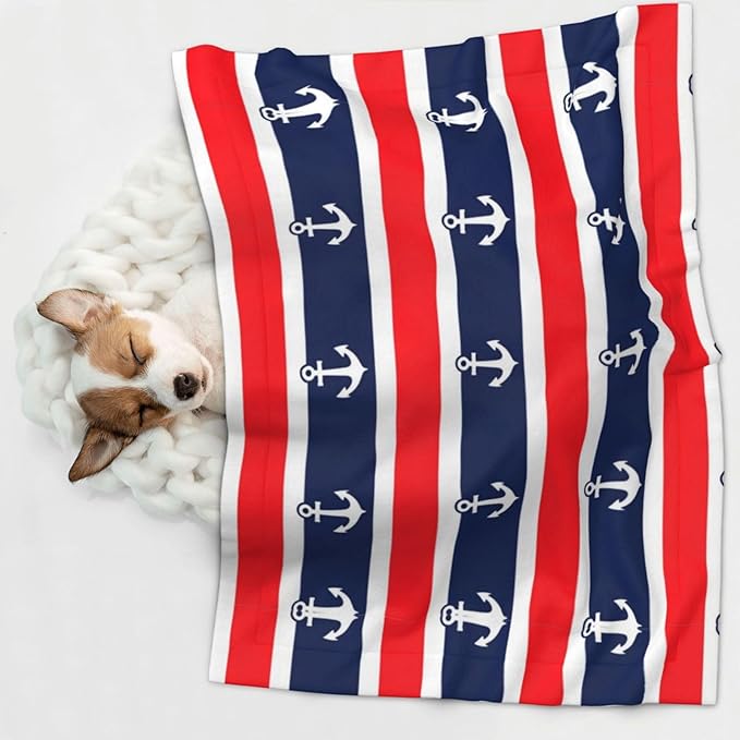Two Sided Pet Cuddler Blanket for Anxiety Calming, Nautical Anchor Seamless Pattern Blue and Red Stripe, Reversible Plush Design with Bubble Dot Pattern Provides Familiar Surface Anywhere