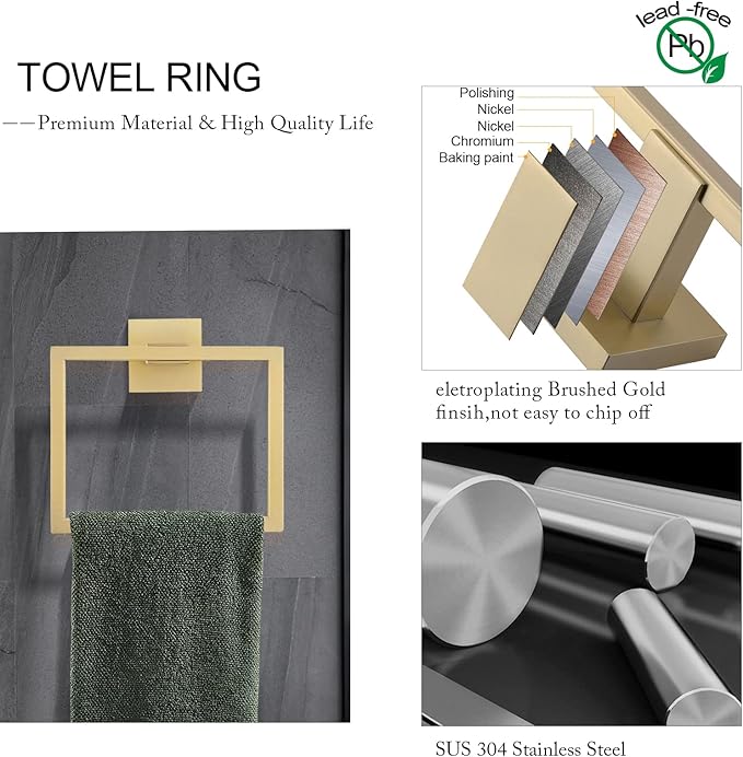 TNOMS Brushed Gold Towel Bar Set Bathroom Hardware Set, 5 Pieces Gold Bathroom Accessories Set Stainless Steel Wall Mounted Towel Holder for Bathroom 23.6in