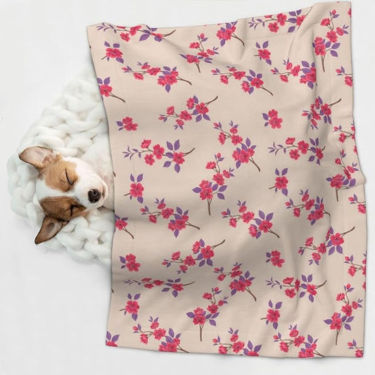 Double Sided Plush Pet Blanket with Cozy Dot Texture and Smooth Reverse, Cherry Flower Seamless Flowers Pattern, Reversible Throw for Dogs Cats on Couches Beds Crates