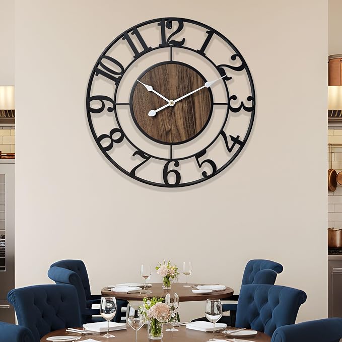 Large Metal Wall Clock, 32 Inch Retro Decorative Silent, Non Ticking, Battery