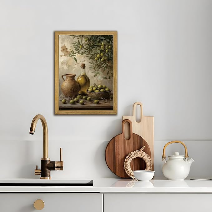 Wood Framed Olive Kitchen Wall Art, Vintage Rustic Still Life Canvas Print