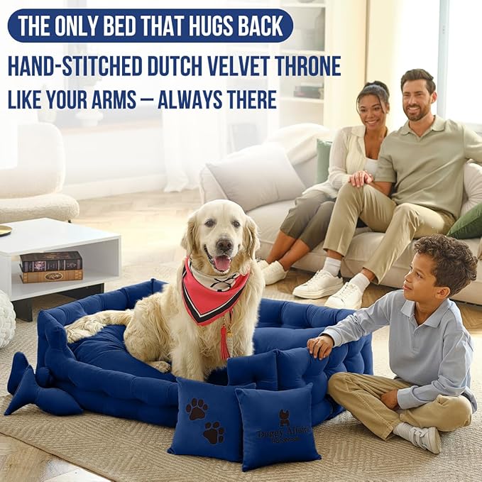 Luxury Dog Bed Chesterfield – Handcrafted Velvet Throne for Dogs | Joint Support, Calming & Temp-Regulating Comfort | Durable 5+ Years, Anti-Claw, Washable 100+ Times – XL, Blue