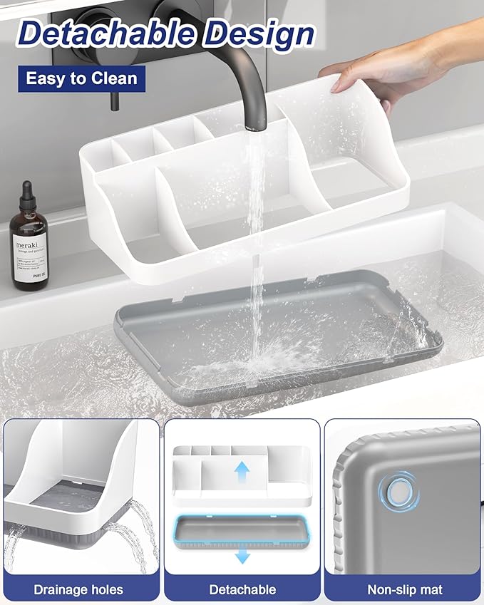 Bathroom Counter Organizer and Storage, 7 Slots Detachable Toothbrush Holders for Bathrooms, Anti-Slip Electric Toothbrush and Toothpaste Holder Countertop Vanity Organizer Accessories for Adults Kids
