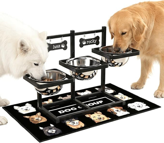 Elevated Dog Bowls for Large Dogs, 6 Height Adjustable Raised Stand with Mat, Two Signature Cards and Three 1700ML Bowls, for Large Breed and Multi-Pet Households