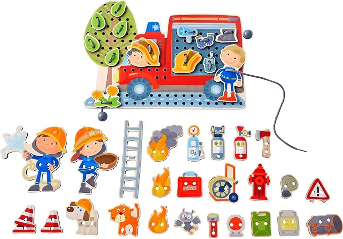 HABA Fire Engine Rescue Themed Lacing Toy Set for Preschool Learning, Fine Motor Skills Development Game with 38 Threading Tiles and 2 Template Cards, Kids Educational Toy Ages 3-5