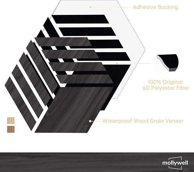 Mollywell Acoustic Panels, PVC Wood-Grain, 14x12 Inch Hexagon Carved Sound