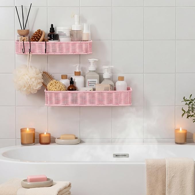 GRANNY SAYS 2 Pack Wicker Shower Caddy Hanging, Shower Shelf for Inside Showers, Adhesive Shelves for Bathroom Organizers and Storage, Bathroom Shelves Wall Mounted with 4 Hooks for Home Decor, Pink