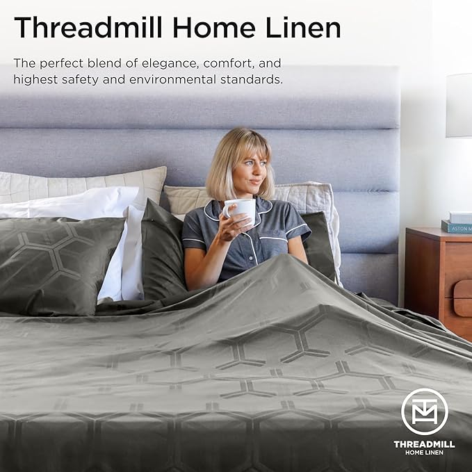 Threadmill 100% Cotton Sheets for King Size Bed - 600 Thread Count King Bed Sheets Set with 16” Deep Pocket - Jacquard Sateen Weave 4-Piece Bedding Set with Cooling Effect, Dark Grey