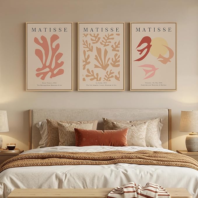 Framed Large Matisse Abstract Wall Art Set of 3, Vintage Neutral Pink Floral