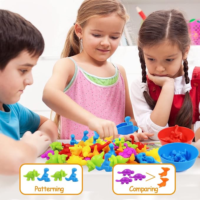 RAEQKS Counting Sorting Dinosaur Toys Montessori Sensory Matching Toy with Bowls Preschool Learning Activities Educational Stacking STEM Game Animals Gifts Sets for Kids Aged 3+ Years Old Boys Girls