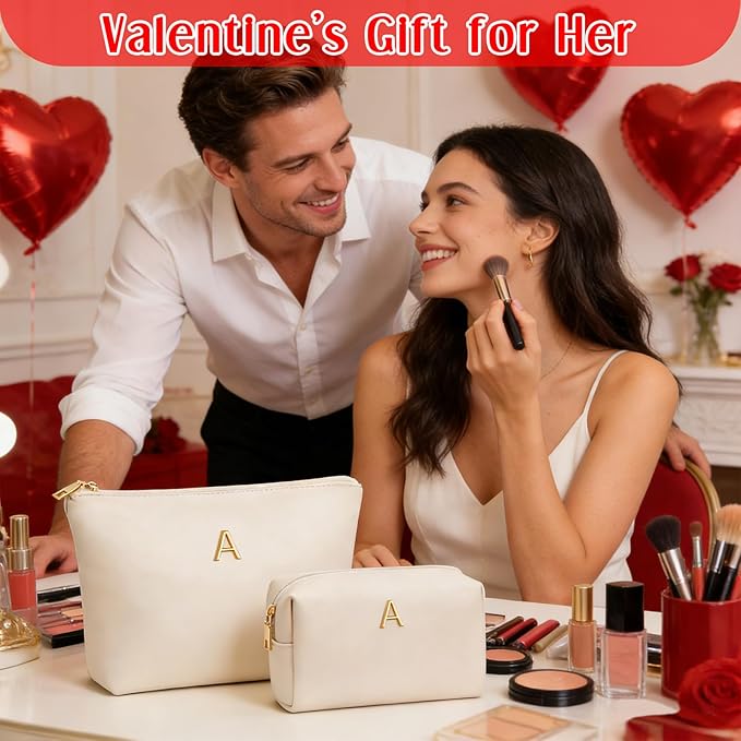 Valentine's Day Gifts for Women Girlfriend Initial Makeup Bag for Teen Girls Personalized Gifts for Friend Teacher Mom Wife Cosmetic Travel Toiletry Bag(Beige,G)