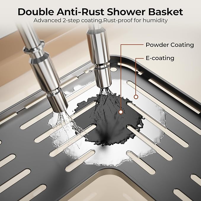 Orimade Rustproof 3 Tier Floor Standing Corner Shower Caddy Organizer with Toothbrush Holder, Large Spacing Floor Shower Shelf Rack Storage Stands with Hooks for Bathroom Kitchen, Black