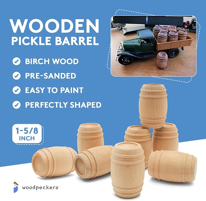 Wooden Pickle Barrel 1-5/8 Inch, Pack of 25, Small Unfinished Cargo Drums, Perfect for Miniatures, Scale Models, Mini Train Making or Woodworking Craft Projects, by Woodpeckers