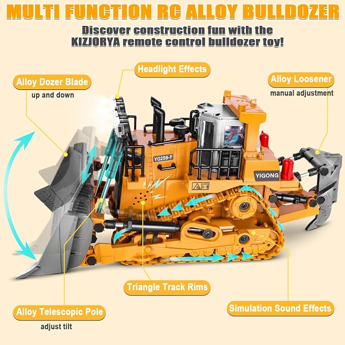 Remote Controlled Bulldozer, 9-Channel Metal RC Construction Vehicle Toy with Lights, Sound, and Rechargeable Battery, Remote Controlled Bulldozer Toy Gift for Kids Boys Girls Aged 4-12 (2.4 GHz)
