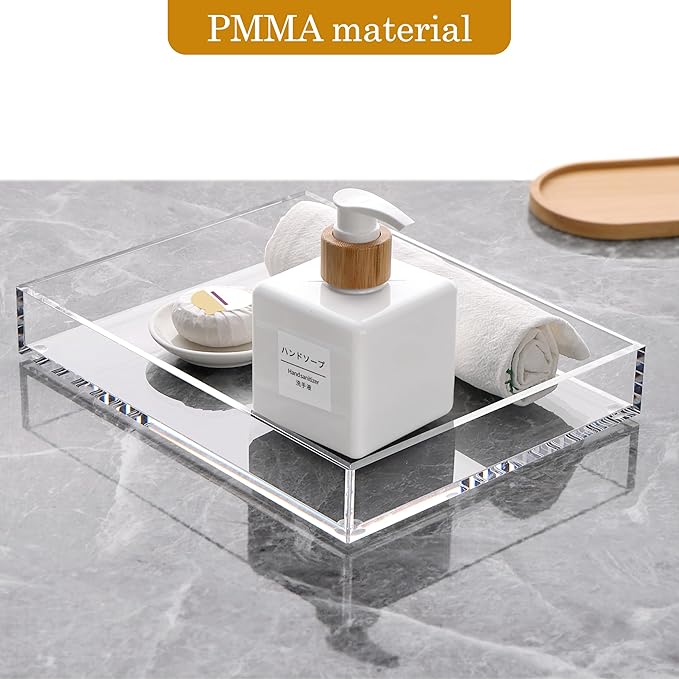 DINGHUO Acrylic Perfume Bathroom Vanity Counter Tray, Clear 9.45"x7.09"x1.38" Rectangle Countertop Organizer for Jewelry Candles Soap Makeup Toilet Tank Kitchen - 1 Pack