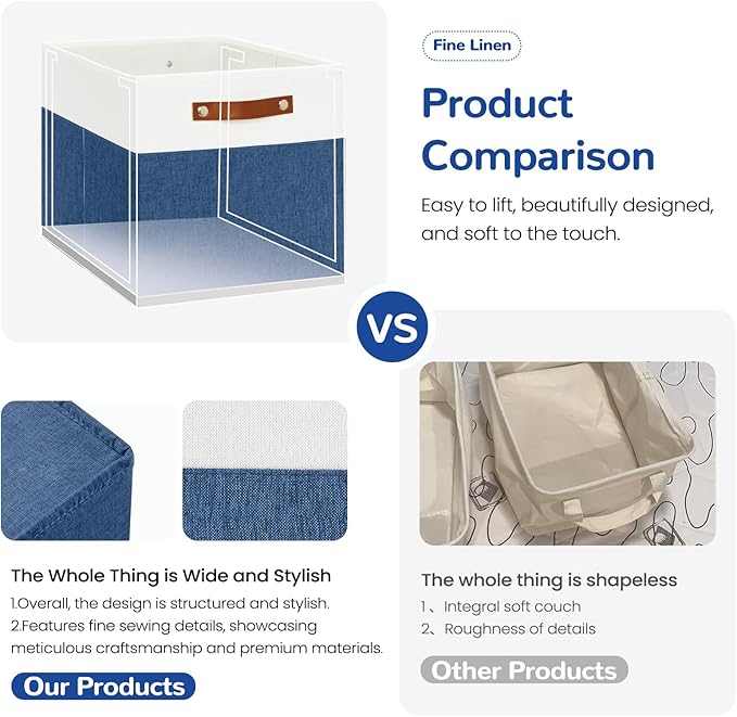 13x13 Storage Cubes 4-Pack, Large Foldable Fabric Cube Storage Bin with Reinforced Bottom and Labels, Organizer Baskets for Shelves, Closets(White/Blue)